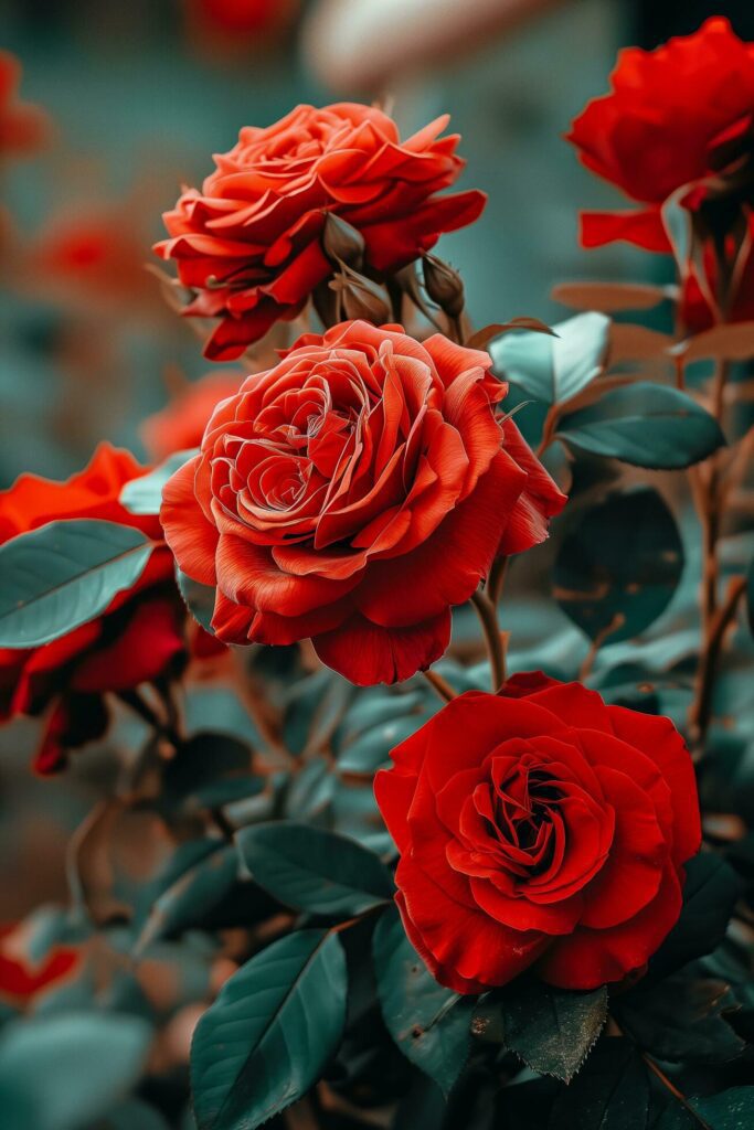 A bunch of red roses grow in a garden. Generative AI Free Photo