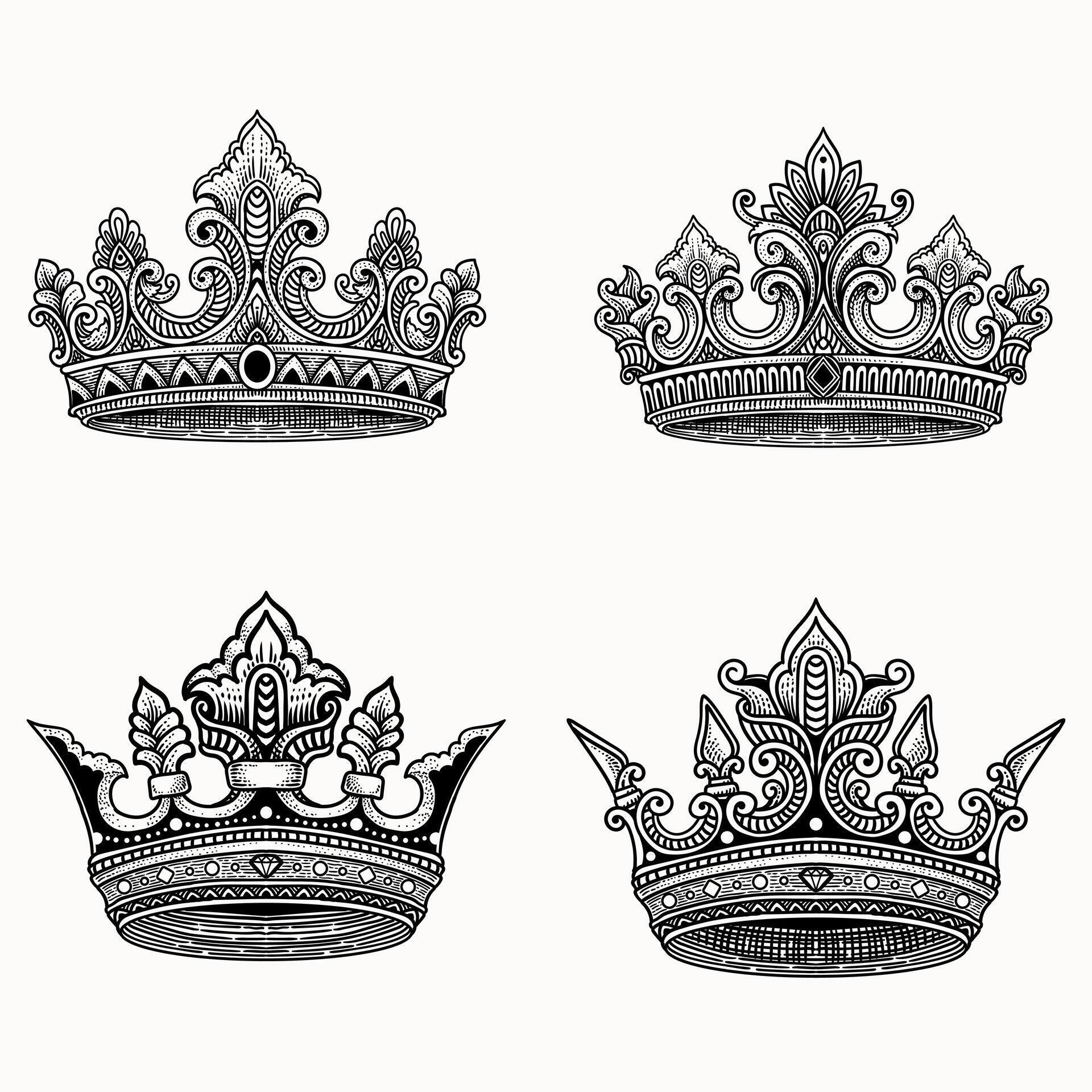 Set crown engraving hand drawn style – Illustration Eps 10 Stock Free