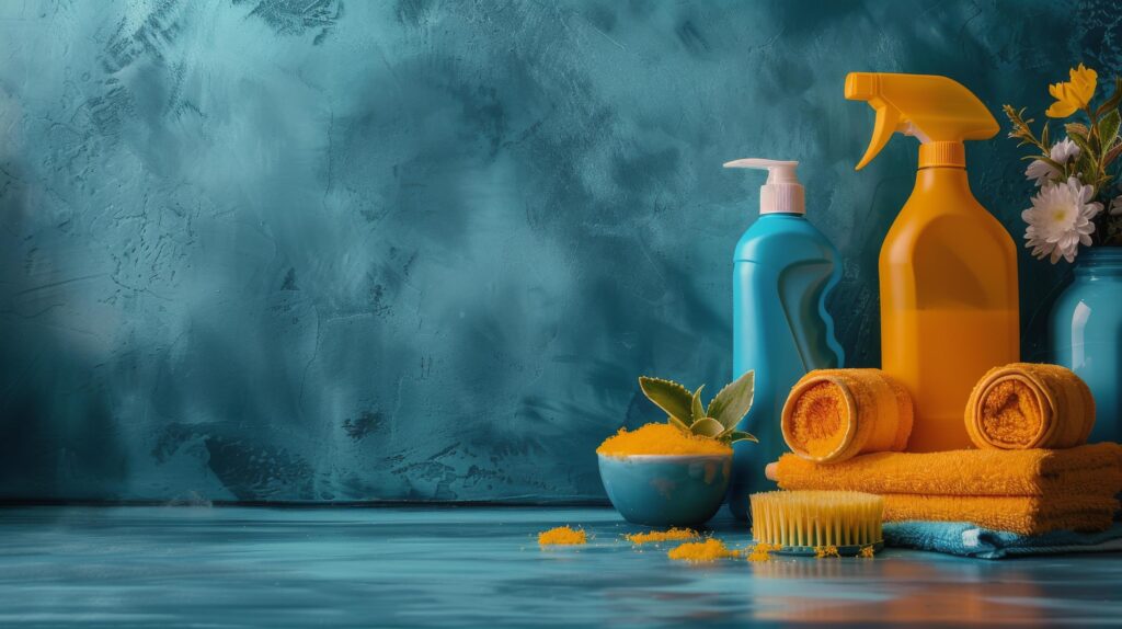 Colorful Cleaning Supplies on Blue Background Stock Free