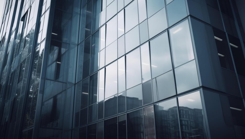 Futuristic skyscraper facade reflects blue cityscape in modern glass window generated by AI Stock Free