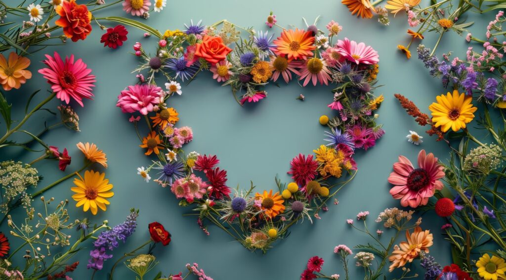 Colorful Wildflowers Arranged In Heart Shape On Blue Background Stock Free