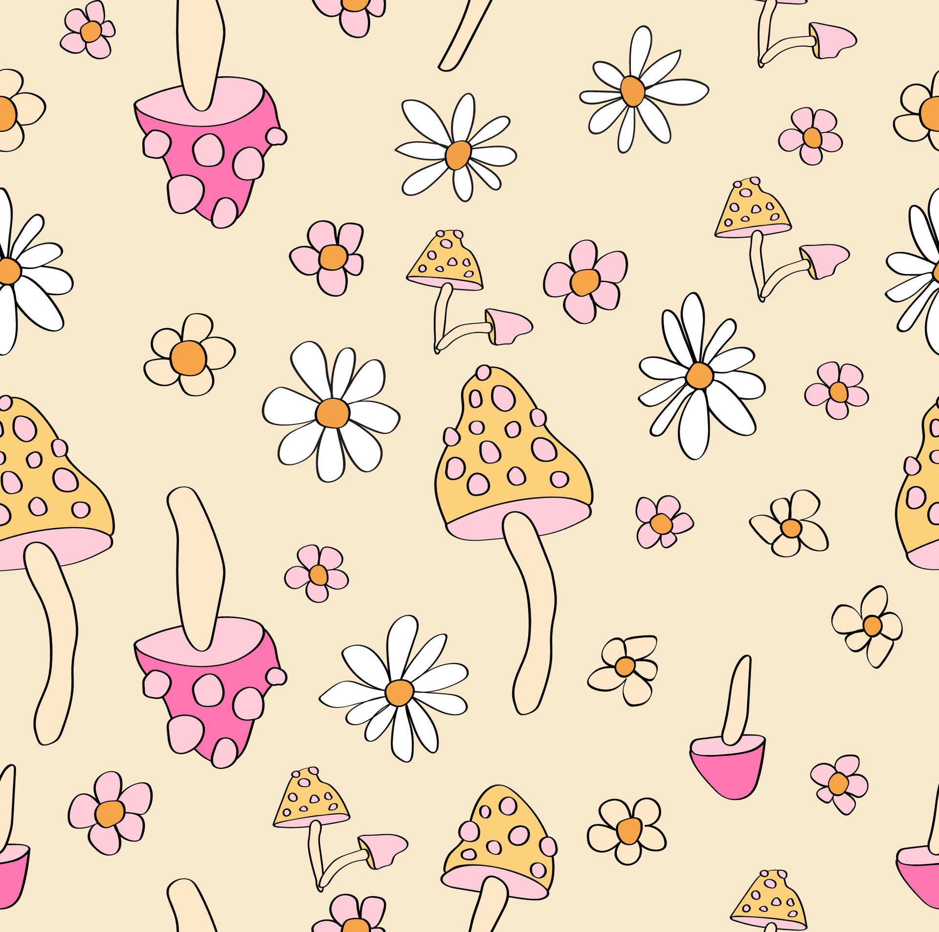 Cute 70s retro mushrooms and daisy flowers in a seamless pattern. Free Vector