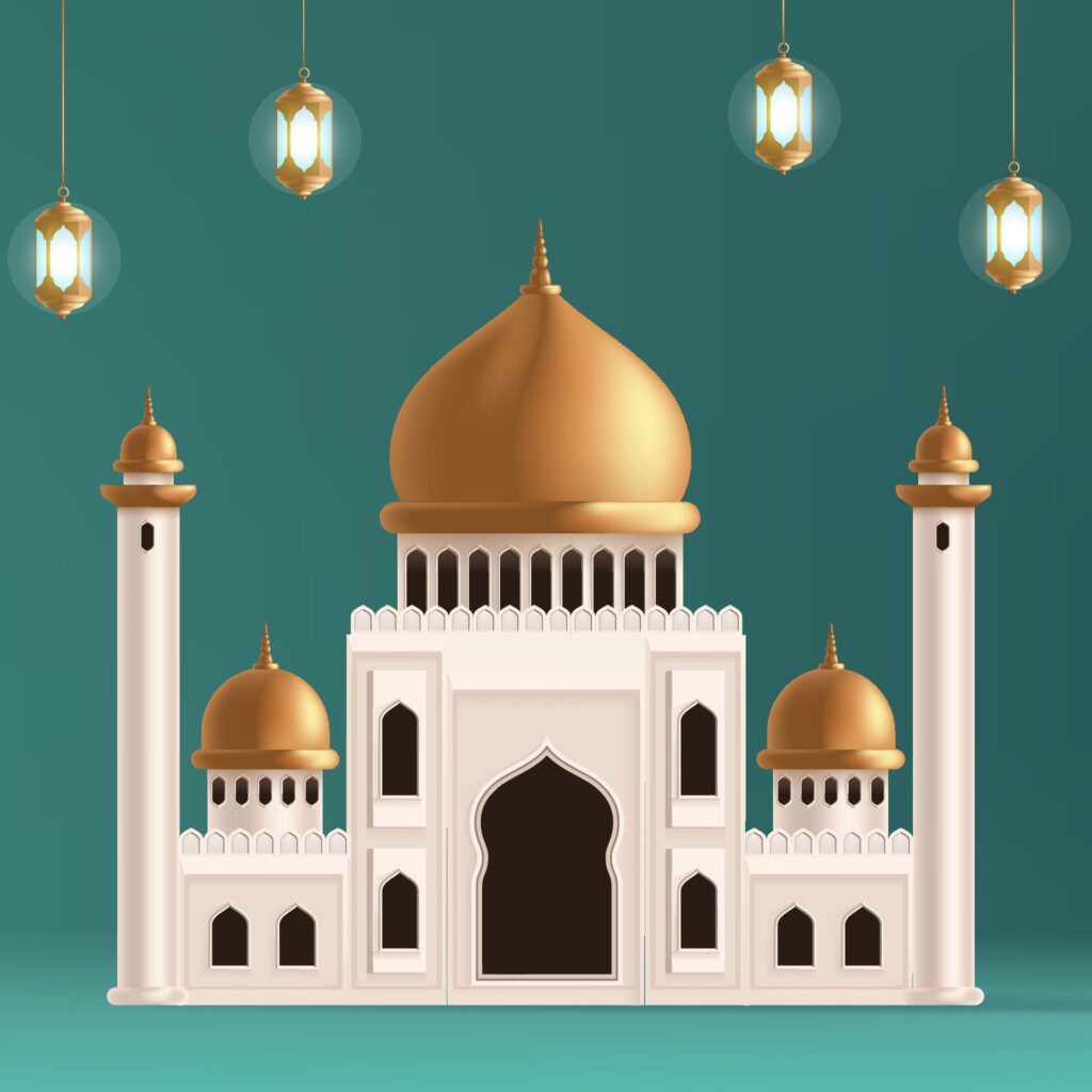 a picture of a mosque with a blue background with a gold dome Free Vector