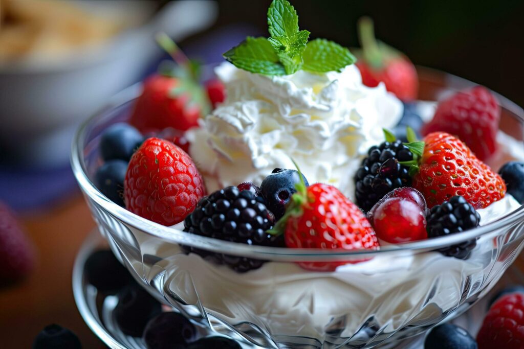 Whipped cream and fresh berries in a glass bowl. Free Photo