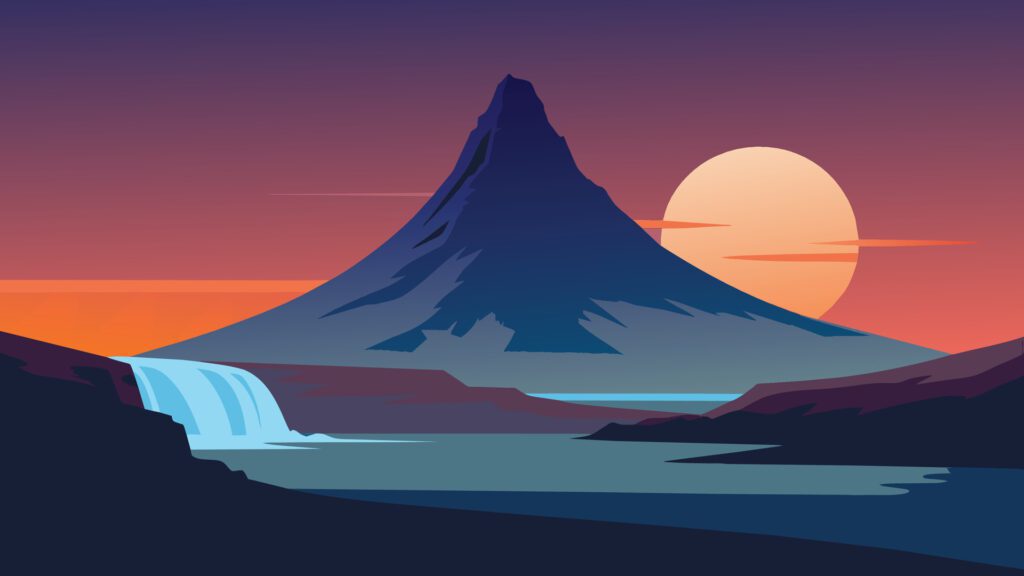 Kirkjufell mountain. Colorful evening panorama of Snaefellsnes peninsula, Iceland, Europe. flat illustration Nature background. Free Vector