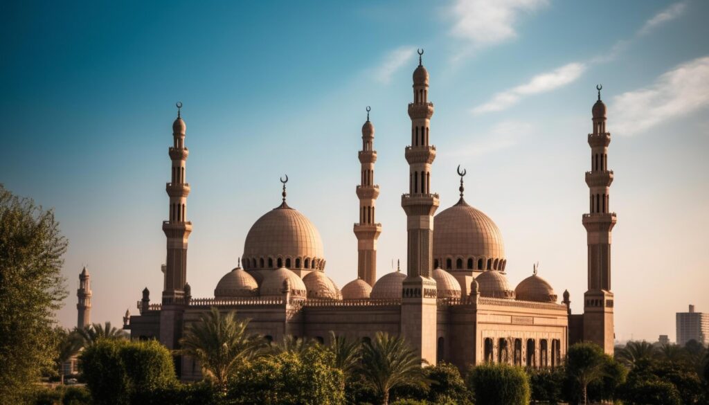 Blue mosque illuminated at sunset, majestic monument generated by AI Stock Free