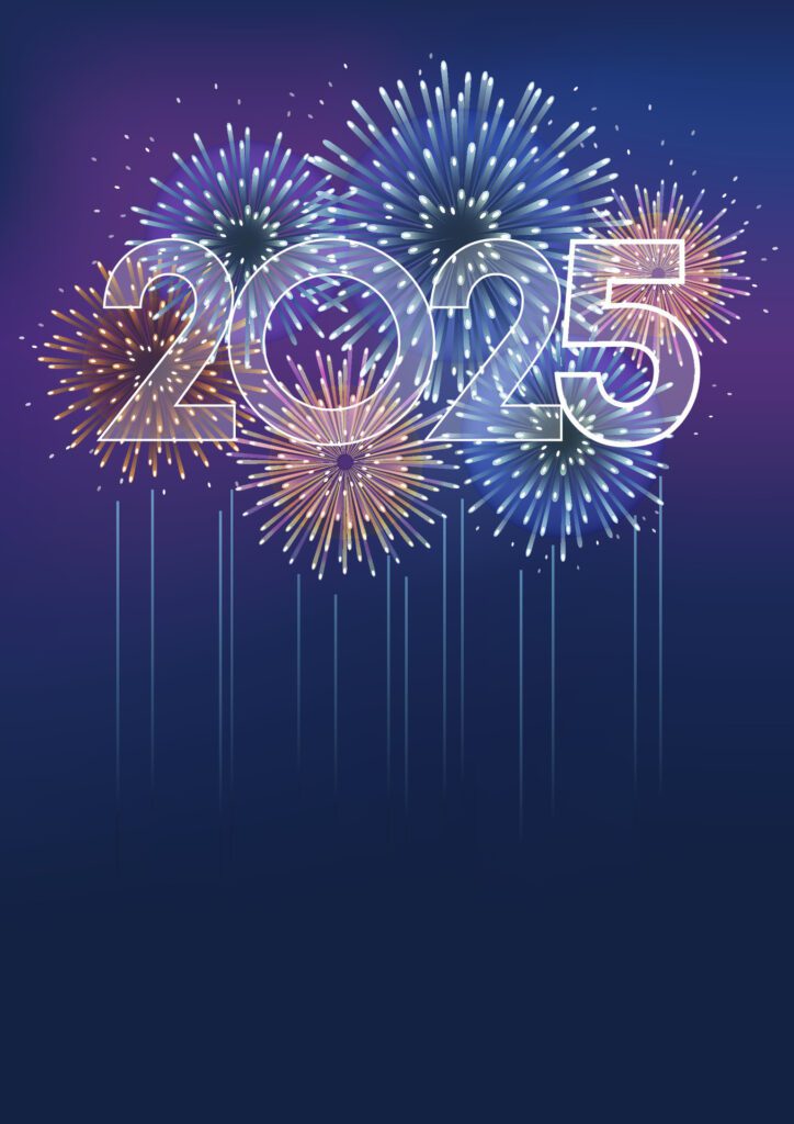 The Year 2025 Logo And Celebratory Fireworks Background With Text Space. Free Vector