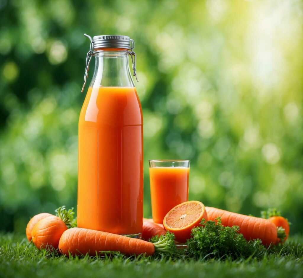 Bottle of carrot juice with fresh carrots on green grass in the garden Free Photo