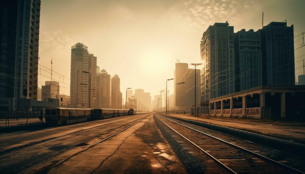 Diminishing perspective of modern city skyline at dusk generated by AI Stock Free