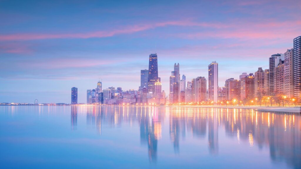 Downtown chicago skyline at sunset Illinois Stock Free