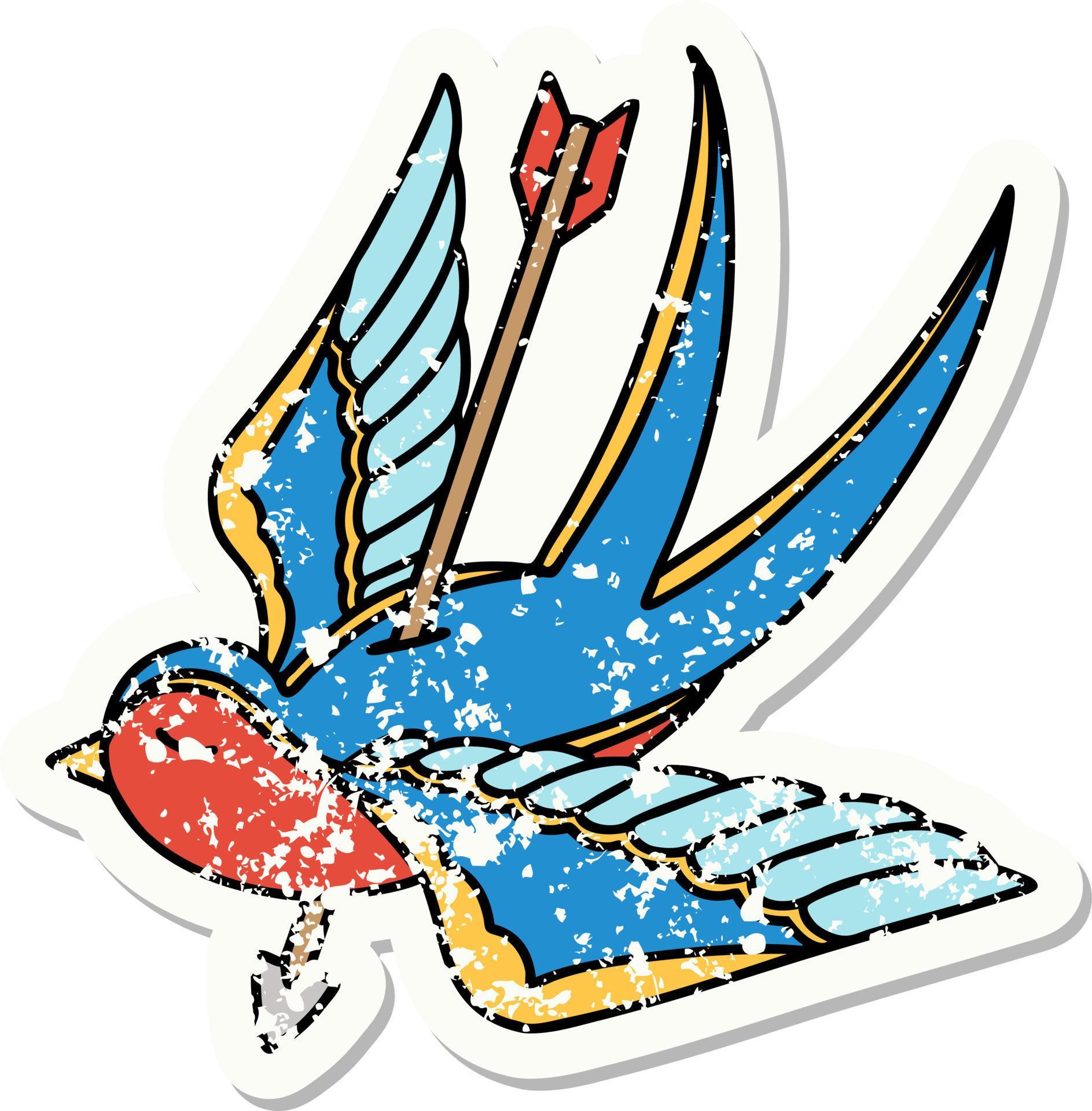 traditional distressed sticker tattoo of a swallow pieced by arrow Stock Free