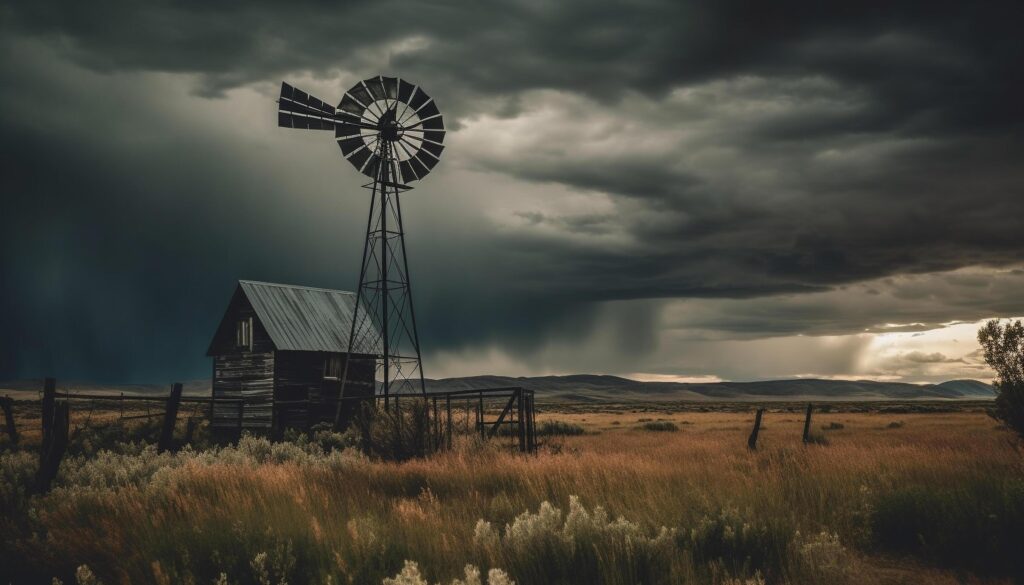 Rustic windmill generates alternative energy on abandoned ranch in Alberta generated by AI Stock Free