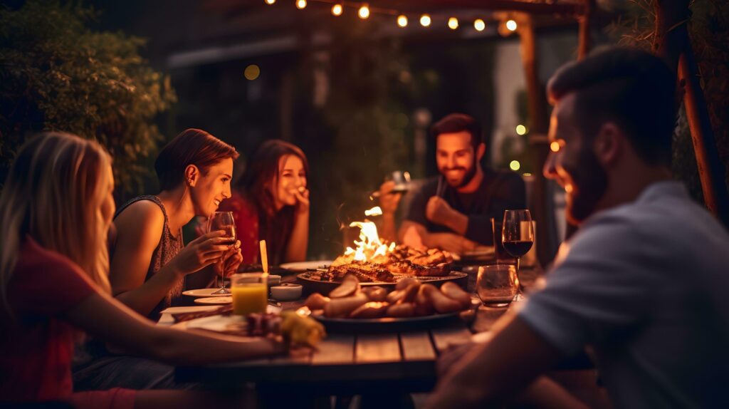 photo of Young people enjoying delicious barbecue dinner party drinking red wine. AI Generated Stock Free