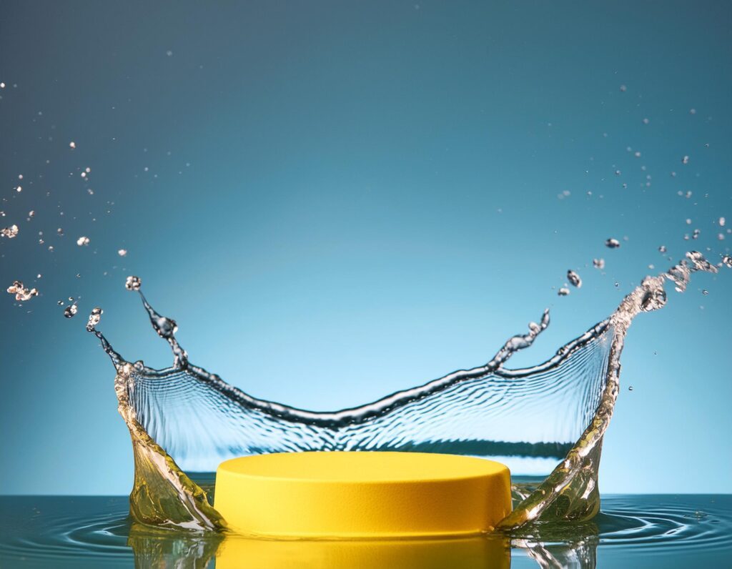 empty yellow podium mockup with water splash on a gradient background for product display Stock Free