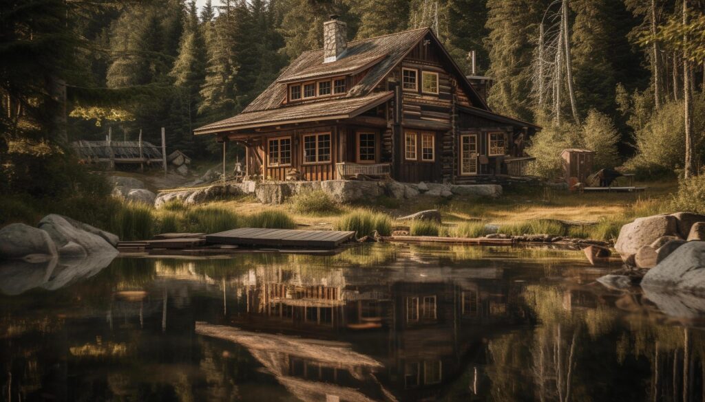 Rustic cottage perched on tranquil mountain range generated by AI Stock Free