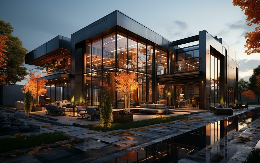 unique industrial architecture house in daylight, photo-realistic AI generative Stock Free