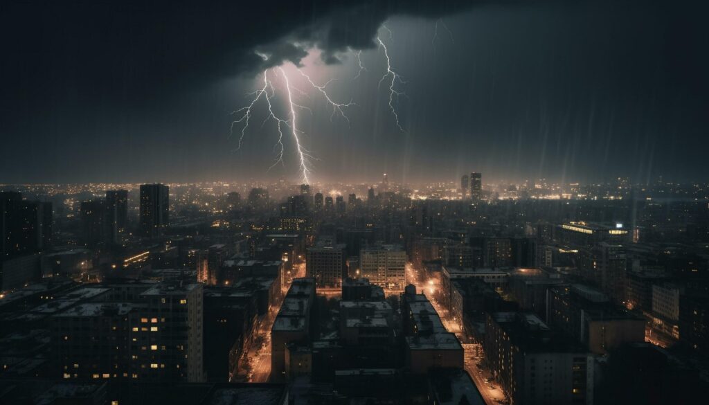 Glowing city skyline ignites as thunderstorm approaches generated by AI Stock Free