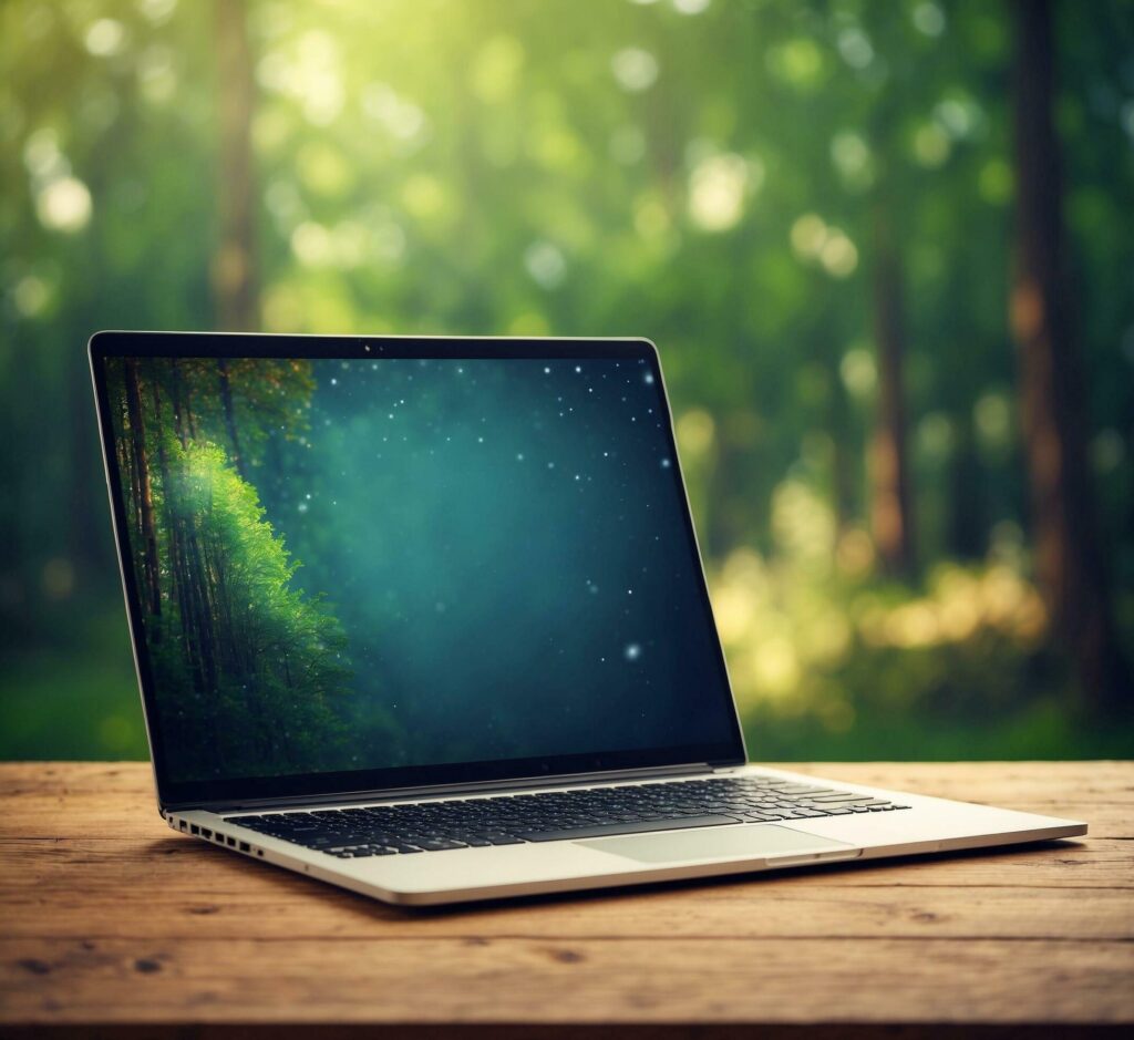 Laptop on wooden table with blurred forest background. Technology and nature concept Free Photo