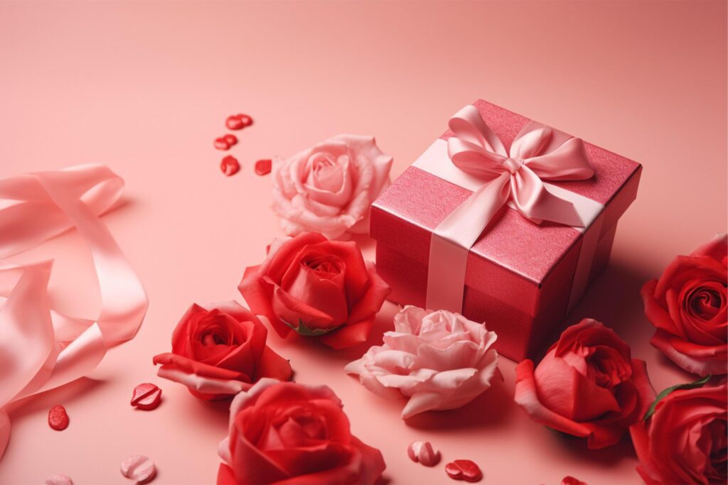 Pink gift box tide with red ribbons and rose flowers on pink background, mother’s day or father’s day or holly day Stock Free