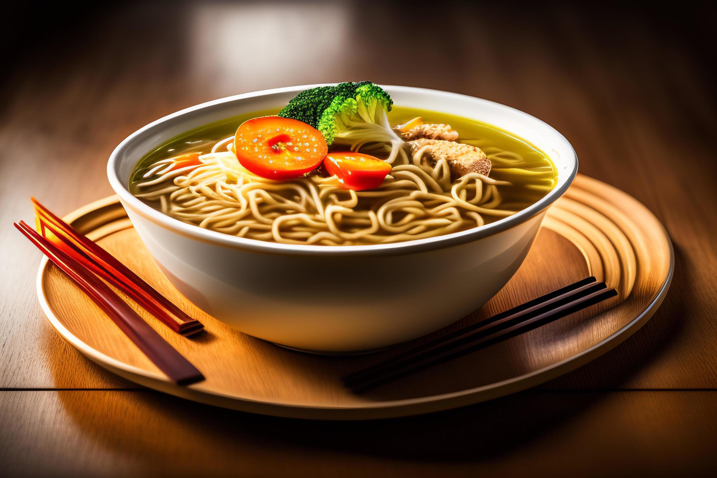 Delicious noodles. Fast food meal with appetizing pasta and chopsticks. Stock Free