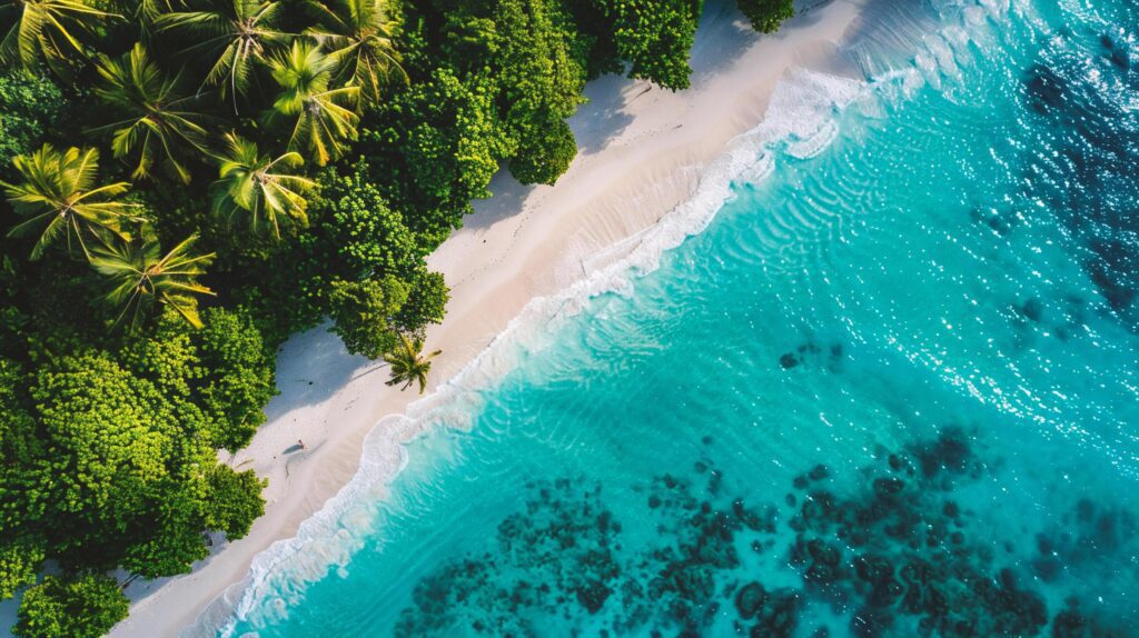 AI generated Aerial view of beautiful tropical beach and sea with coconut palm tree for travel and vacation Stock Free