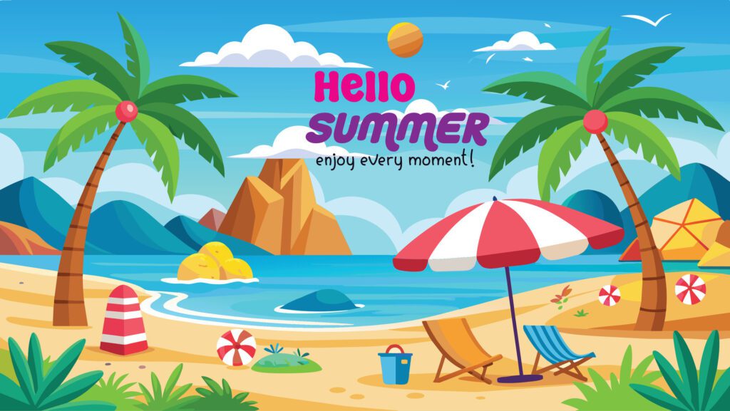 Summer beach scene banner design background Free Vector