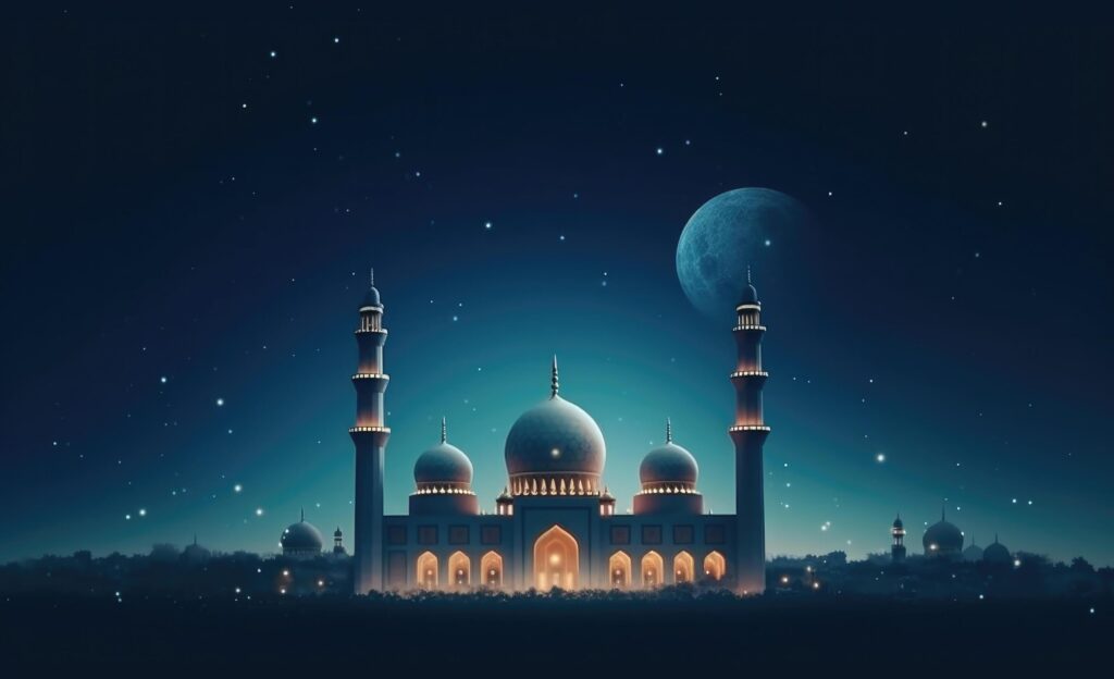 Mosques dome on dark blue twilight sky and crescent moon on background Illustration Stock Free