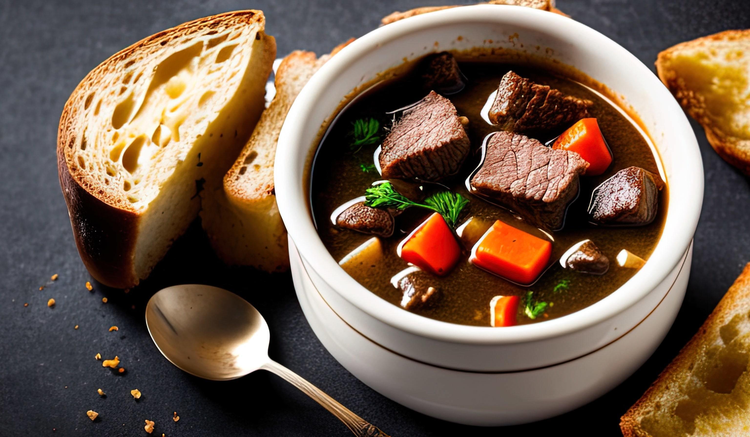 professional food photography close up of a a bowl of beef stew with bread on the side Stock Free