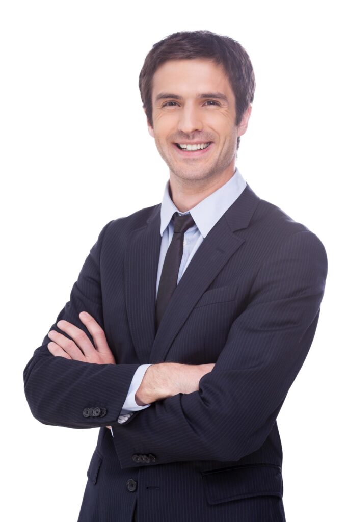 Young and successful. Happy young businessman keeping arms crossed and smiling while standing isolated on white background Stock Free