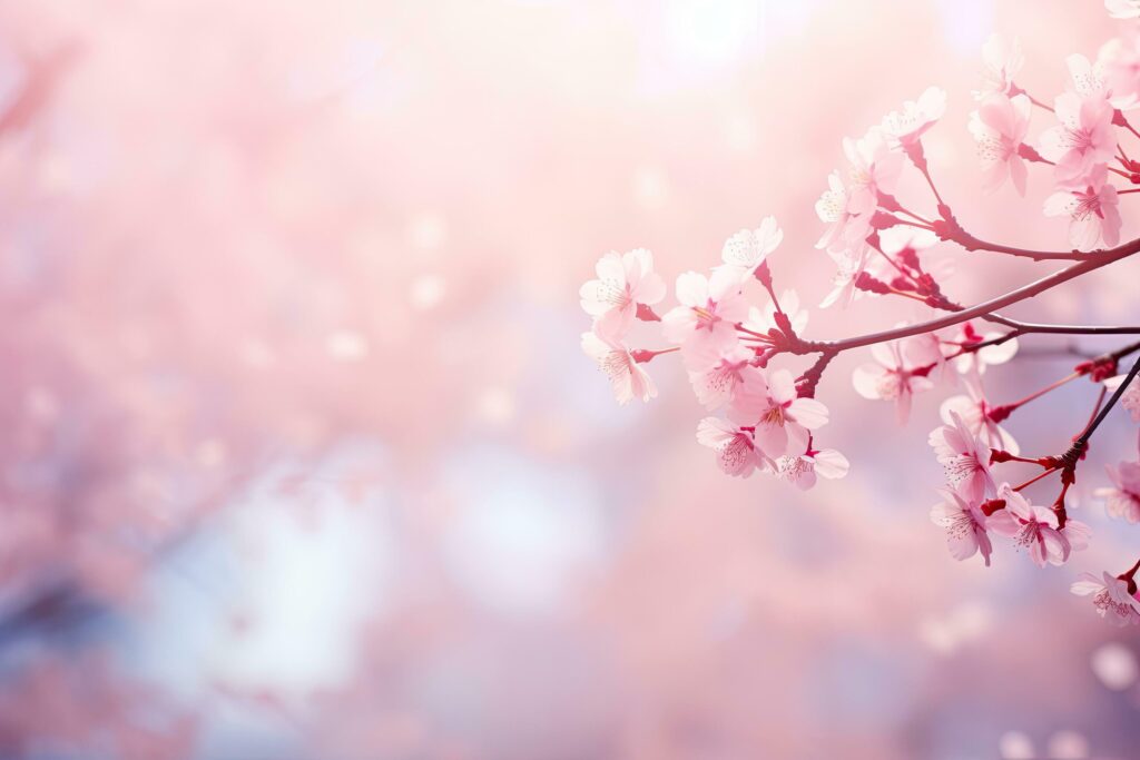 cherry blossom in spring over blue sky background with copy space, Beautiful cherry blossom background with soft focus and bokeh, AI Generated Stock Free