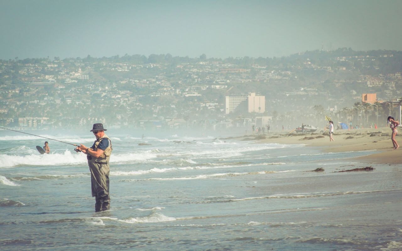 Man Fishing Fisherman Hat Beach Waves Sea Stock Free