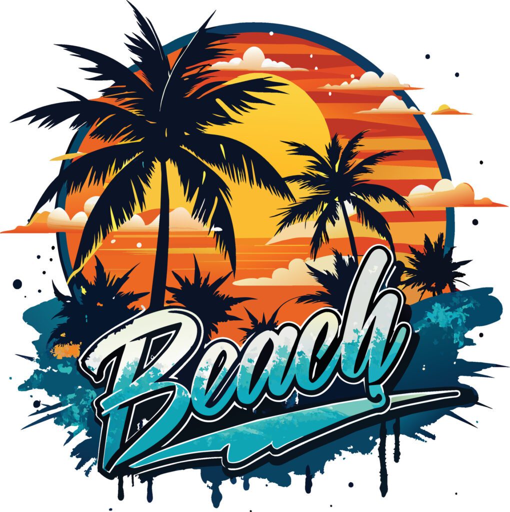 Palm tree, sun and lettering on grunge background. illustration. Free Vector