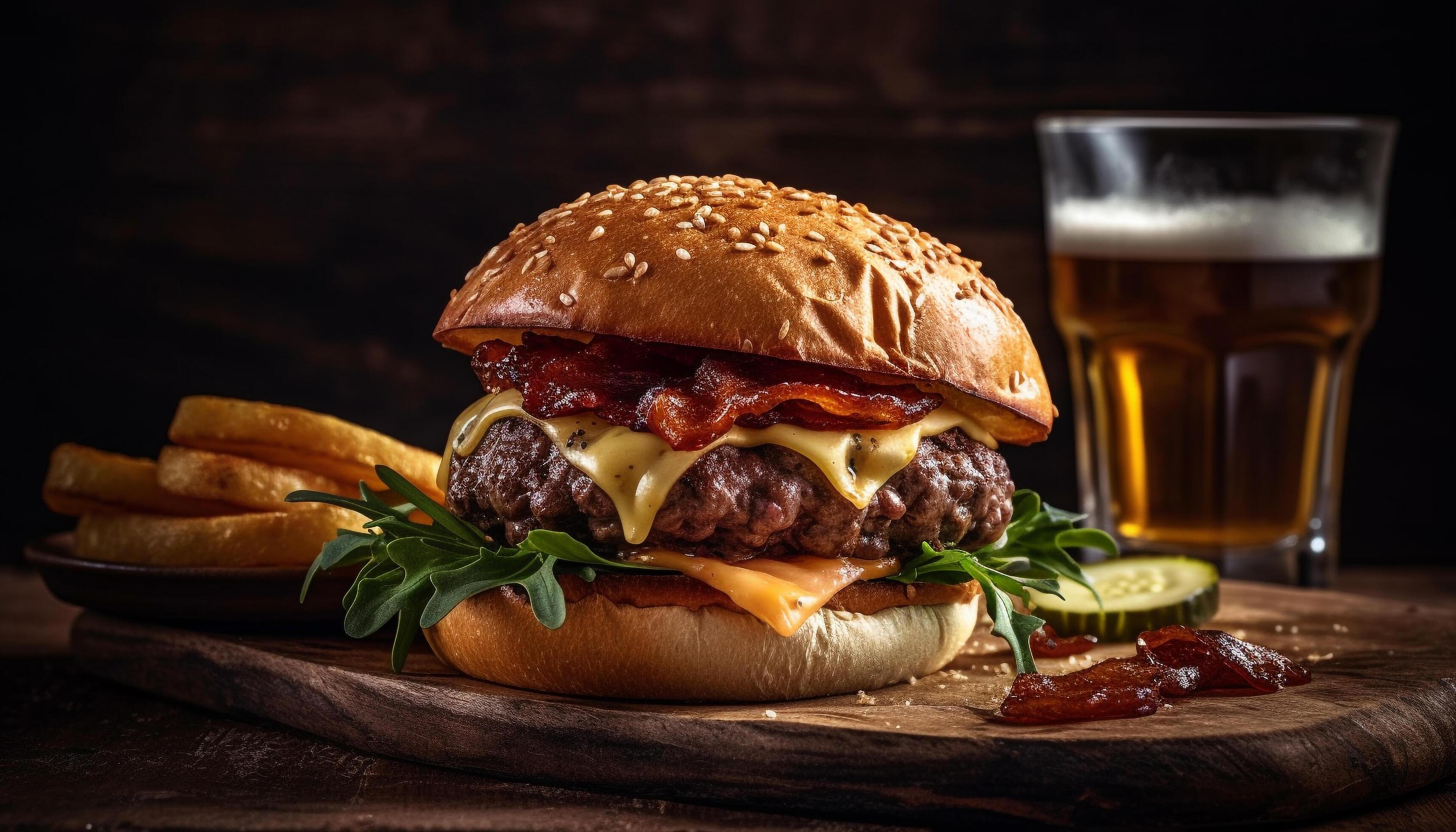 Grilled cheeseburger and fries, a classic American fast food meal generated by AI Stock Free