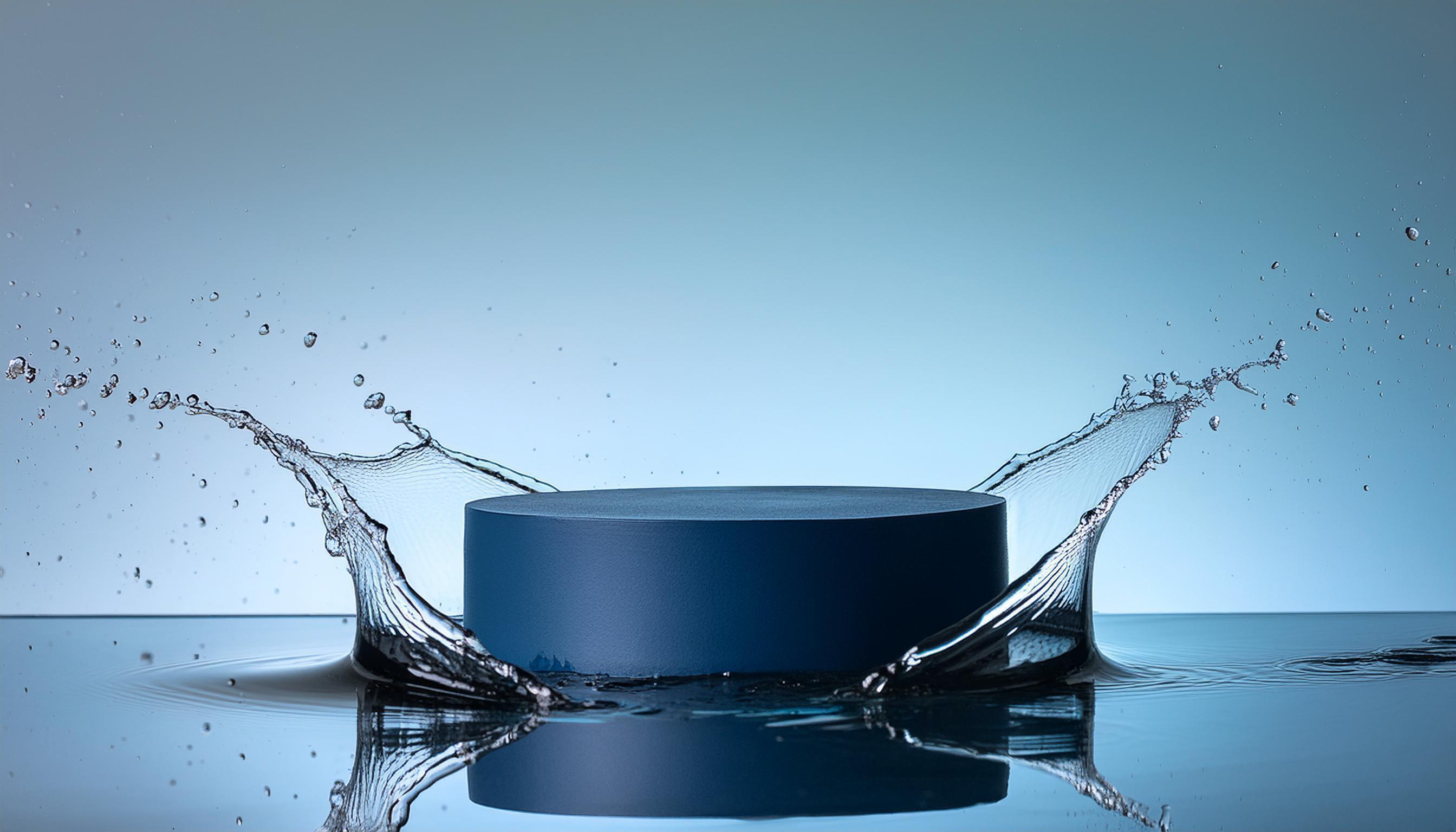 empty blue podium mockup with water splash on a gradient background for product display Stock Free