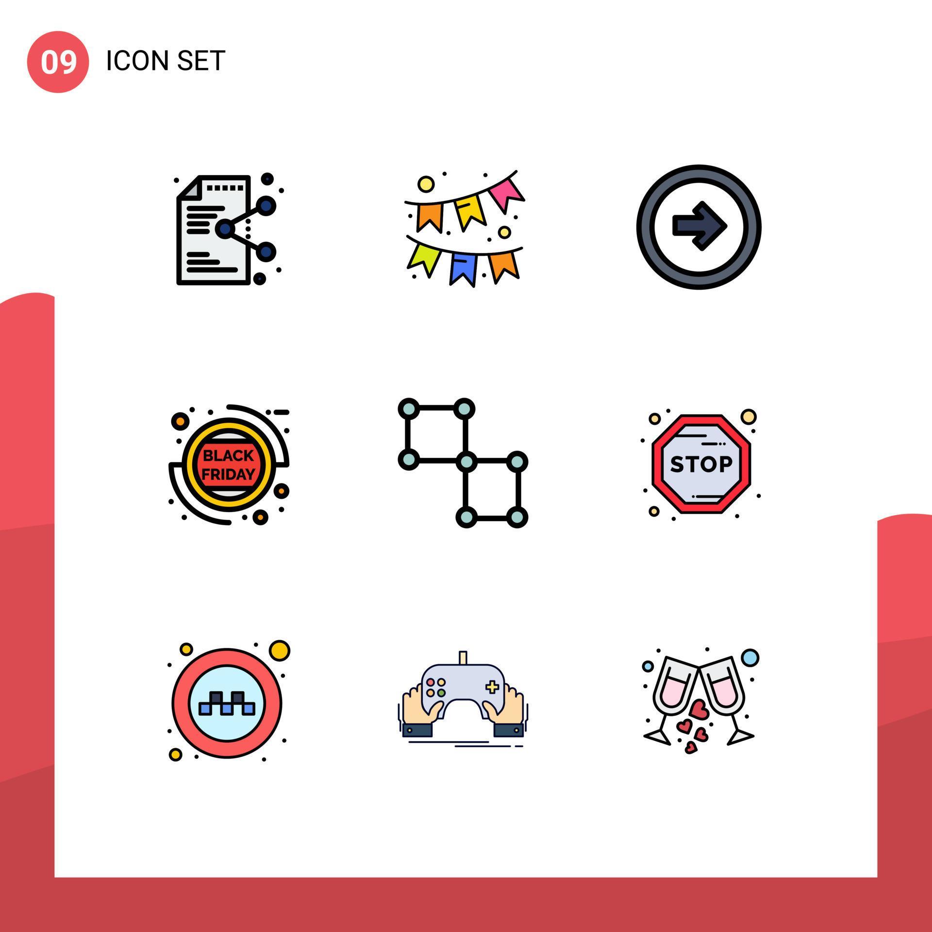 Modern Set of 9 Filledline Flat Colors Pictograph of bound percentage arrow friday right Editable Vector Design Elements Stock Free