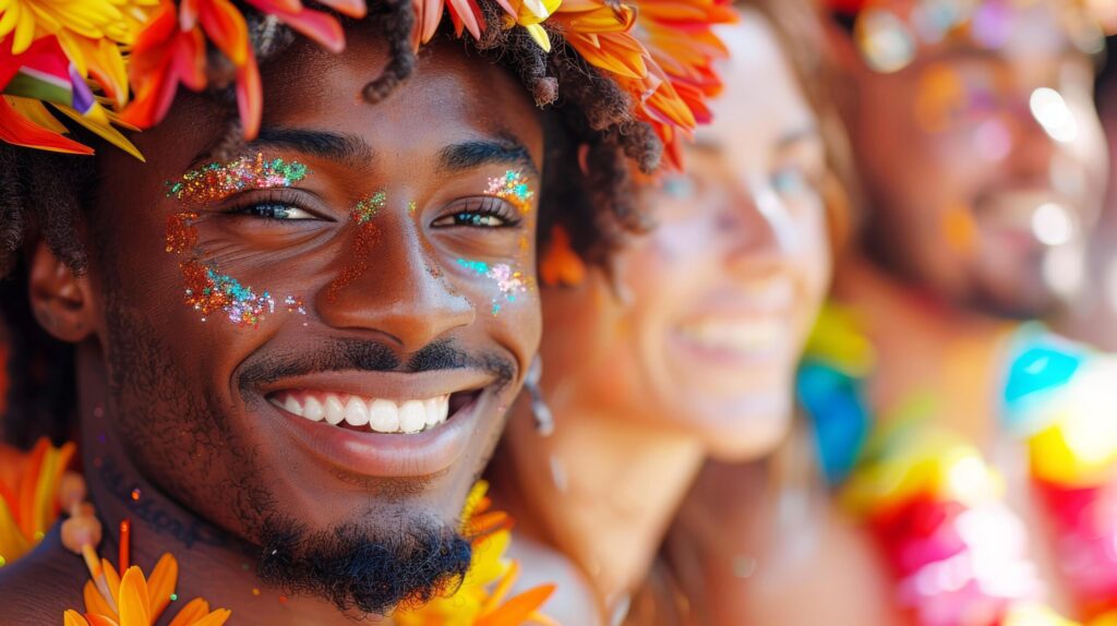 African Ameracan male gay is smile and having fun at the LGBTQ with rainbow colorful flags in celebrate pride mouth parade. AI-Generated Free Photo