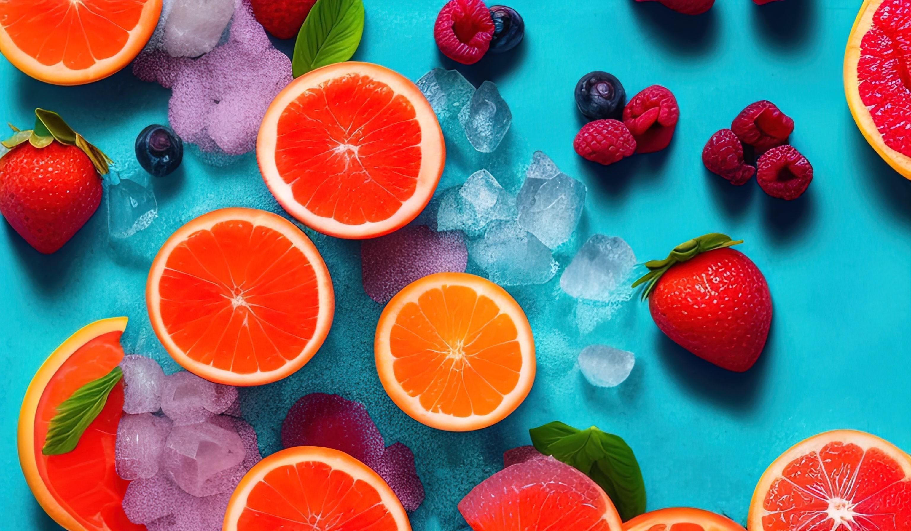 professional food photography closeup of Tropical fruit summer cocktail with red grapefruit, berries and ice on blue background Stock Free