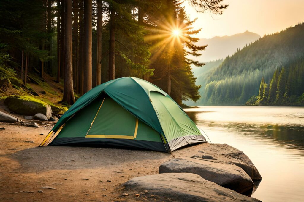 Camping green tent in forest near lake Stock Free