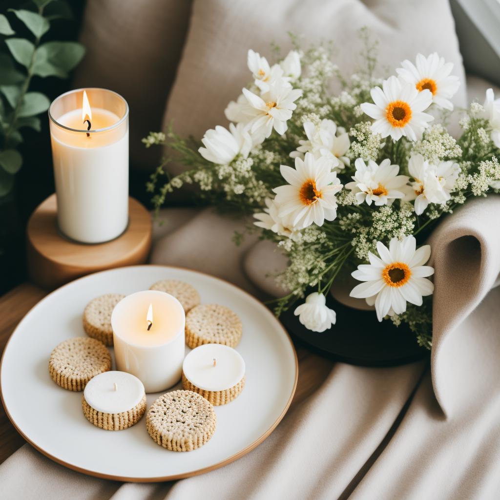 Flowers, candle, blanket, cream by @ai_generated