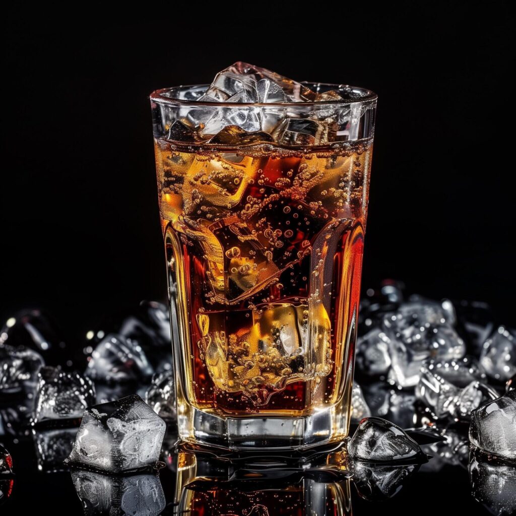 Glass of refreshing cola with ice cubes on a black background. Cool summer soda mockup. Stock Free