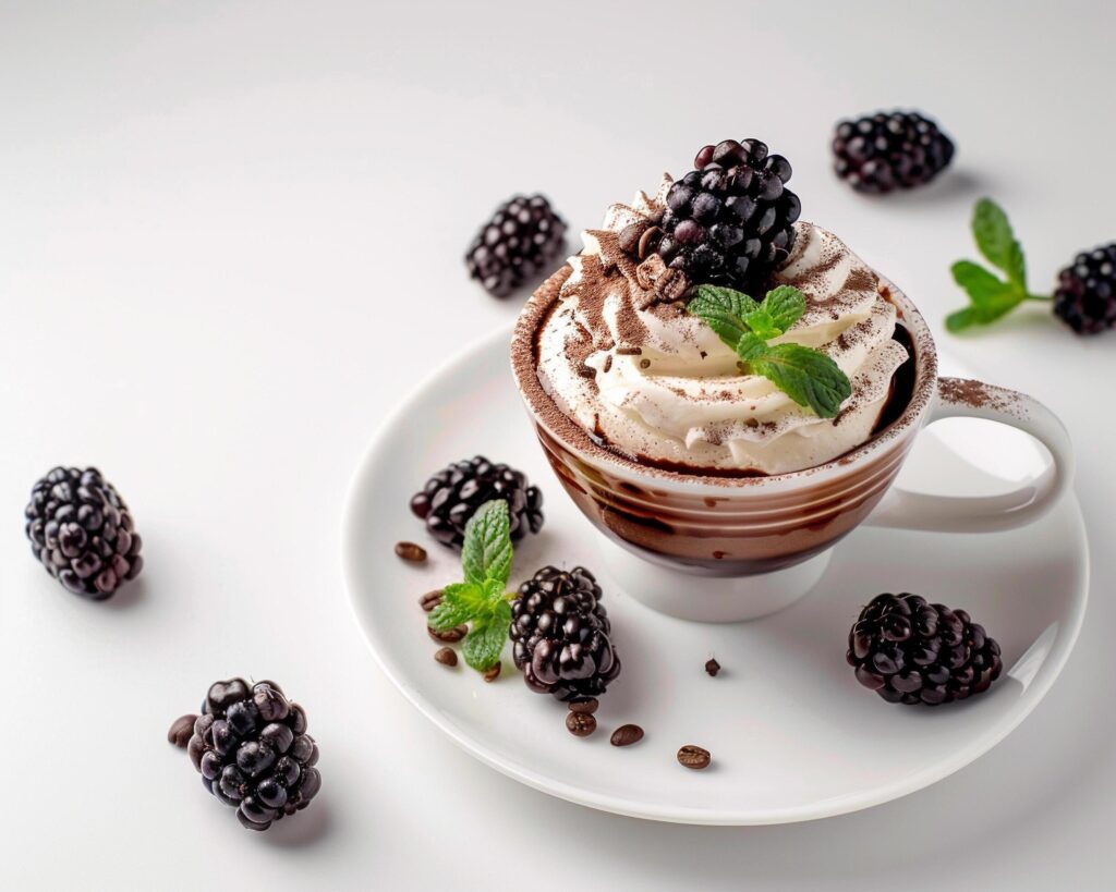 blackberry coffee with whipped cream and mint leaves on white background Stock Free