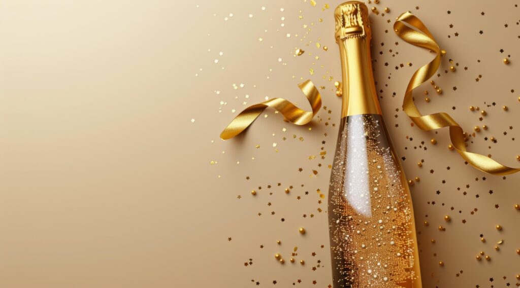 Champagne Bottle With Gold Ribbon and Confetti on Beige Background Stock Free