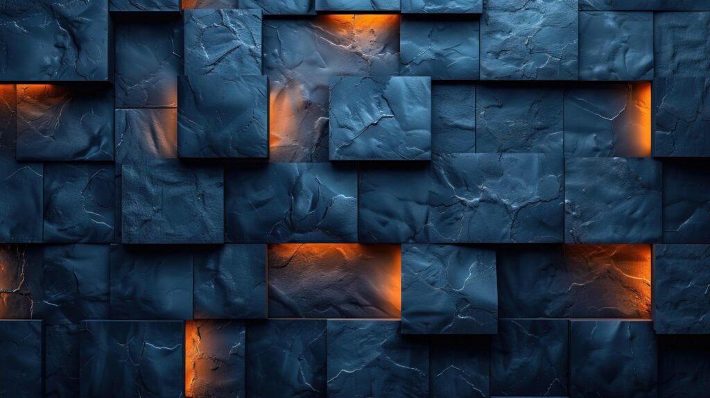 Illuminated Blue Stone Wall Texture with Warm Glowing Lights background , Stock Free