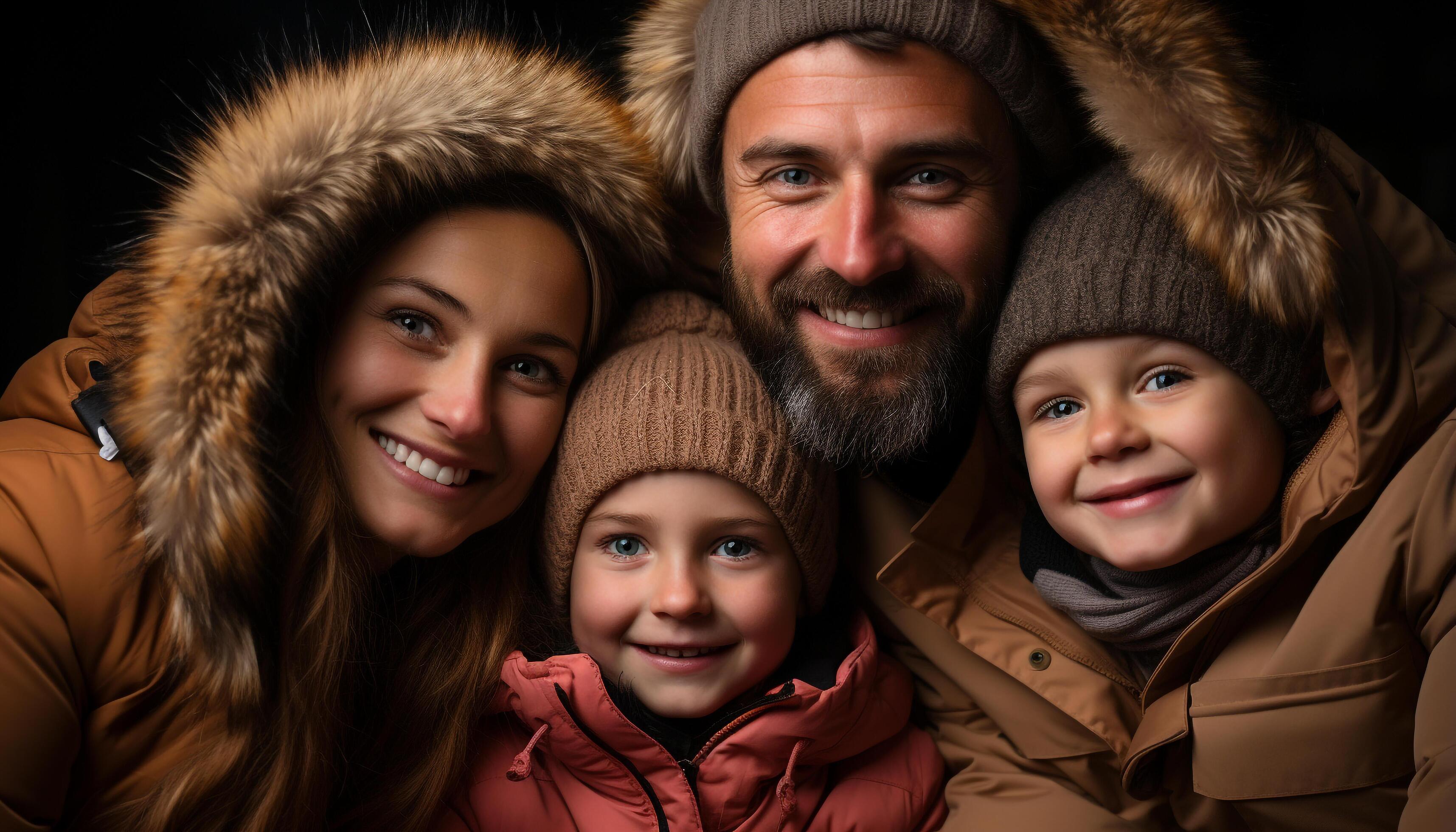 AI generated Smiling winter child, cheerful family embracing nature beauty generated by AI Stock Free