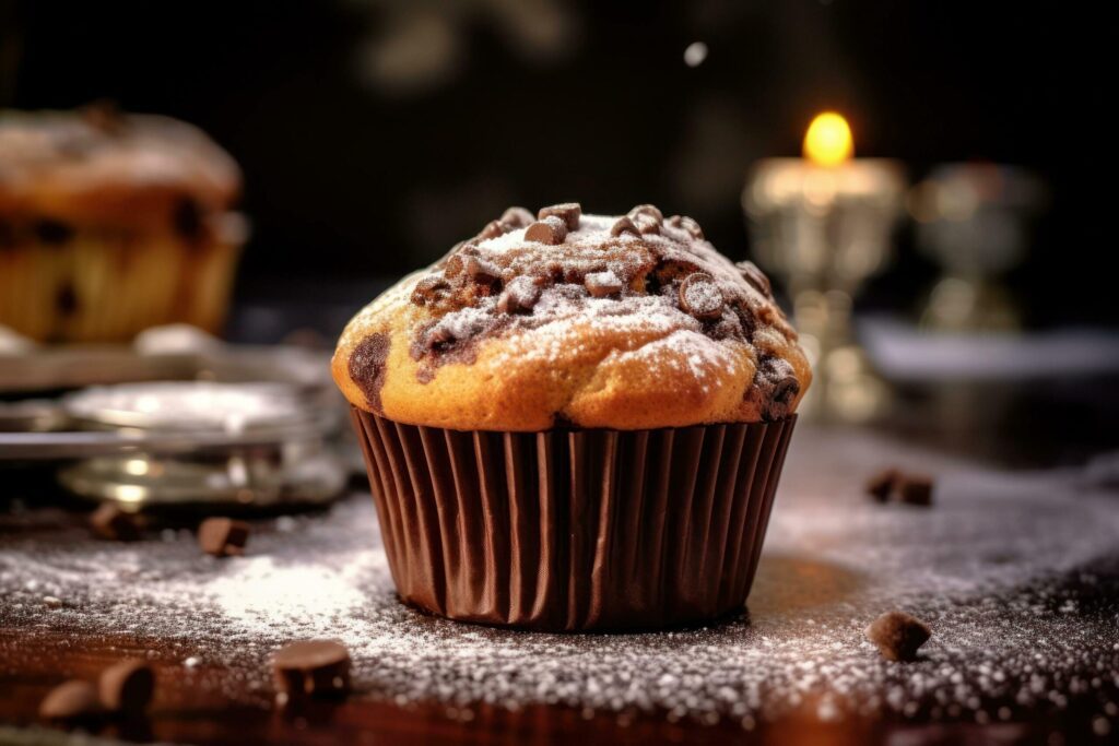 chocolate chip muffin with powdered sugar on a wooden table AI Generative Free Photo