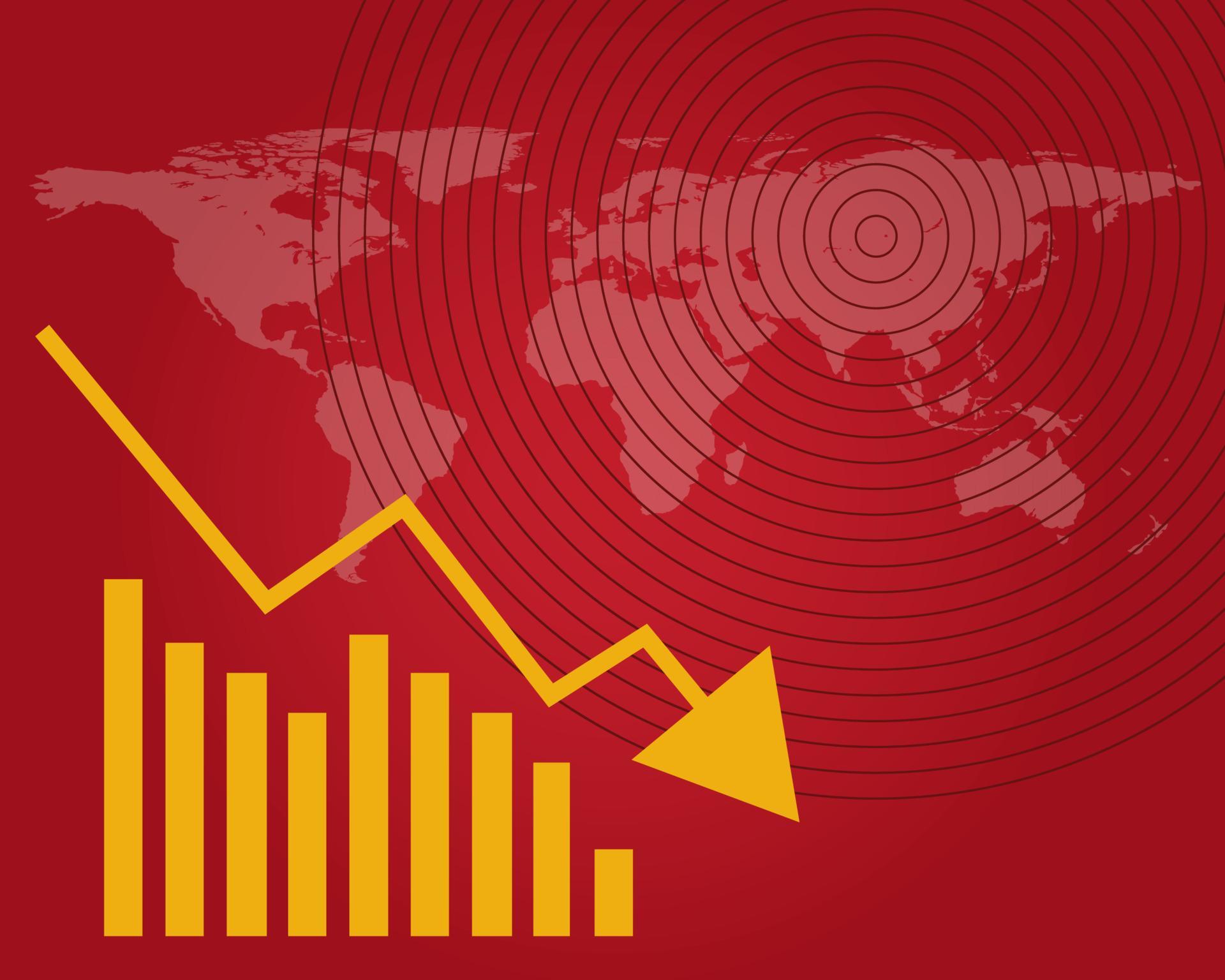 Economy down concept. there are red background and world map, bars of chart and down arrow for your design Stock Free