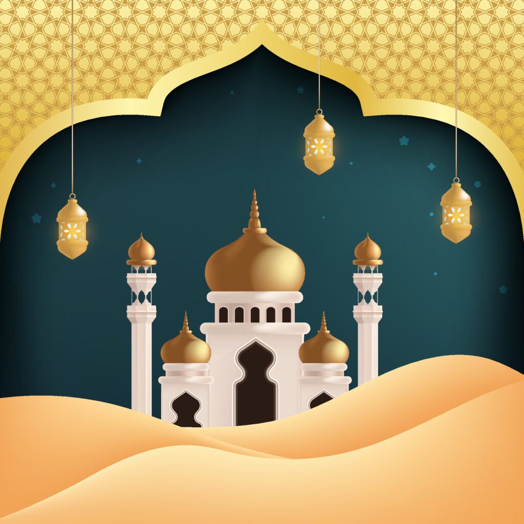 A mosque with a golden dome in the desert and Islamic patterns in the background Free Vector