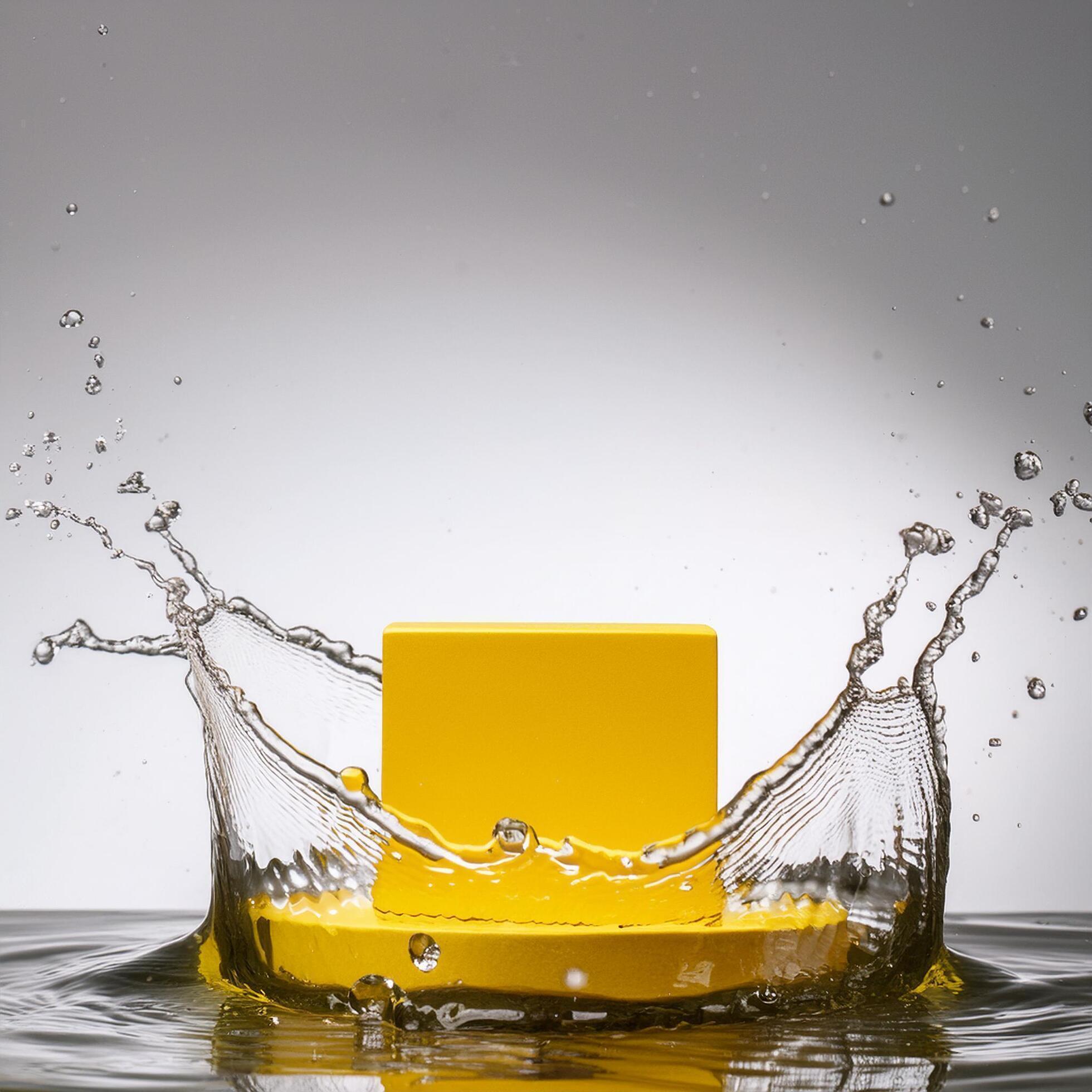 empty yellow podium mockup with water splash on a gradient background for product display Stock Free