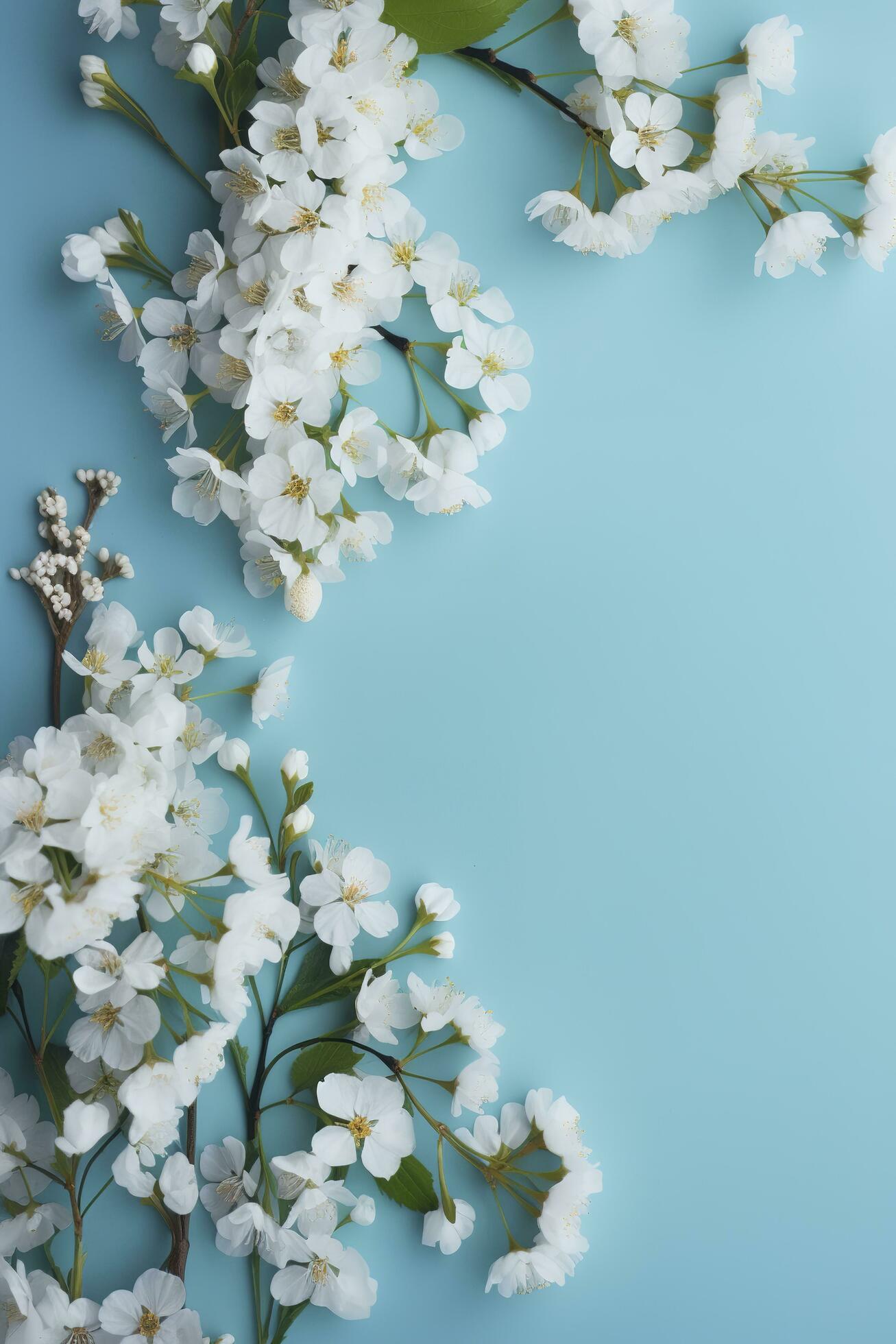 Beautiful spring border, blooming rose bush on a blue background. Flowering rose hips against the blue sky. Soft selective focus , generate ai Stock Free