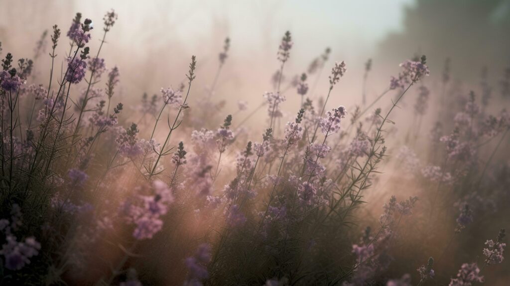 Generative AI, Close up growing lavender field with perfume smoke, flowering lavandula, pink purple flowers and grass. Stock Free